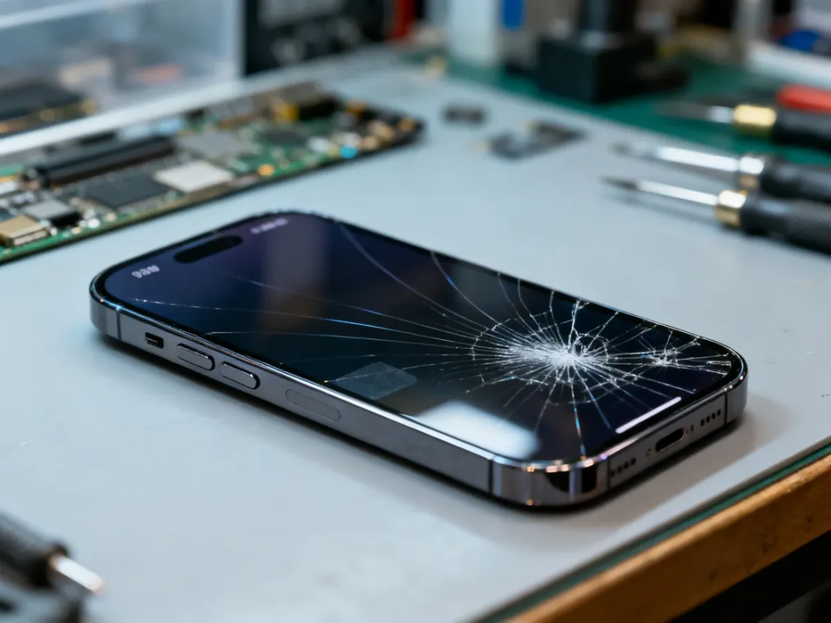 Uszkodzony ekran iPhone’a z pękniętym szkłem i artefaktami obrazu