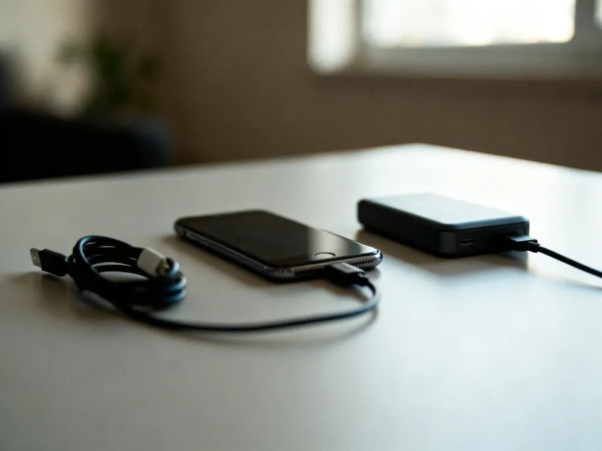 Mały smartfon obok ładowarki i powerbanku