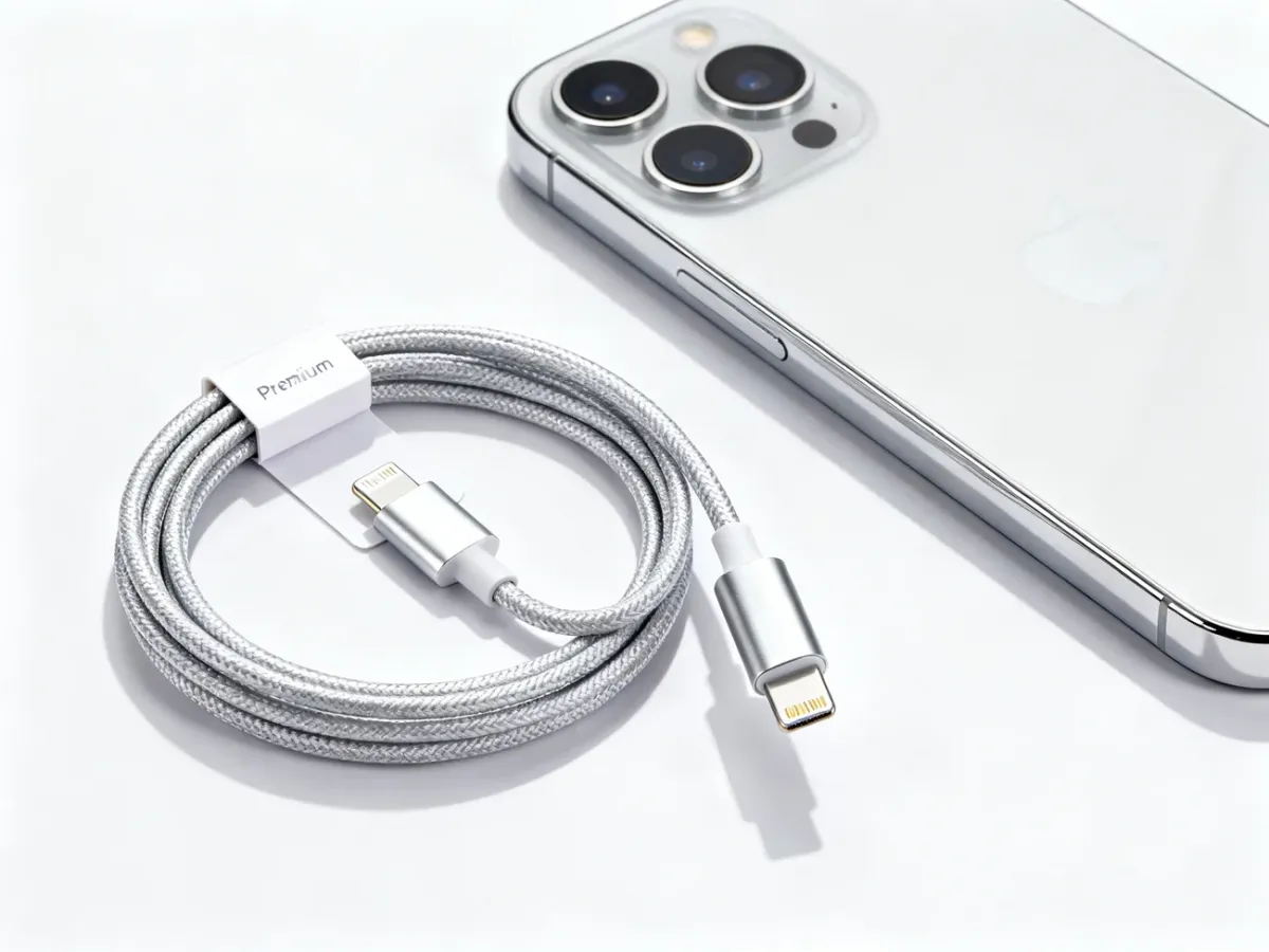 Certyfikowany przewód Lightning iPhone’a obok opakowania