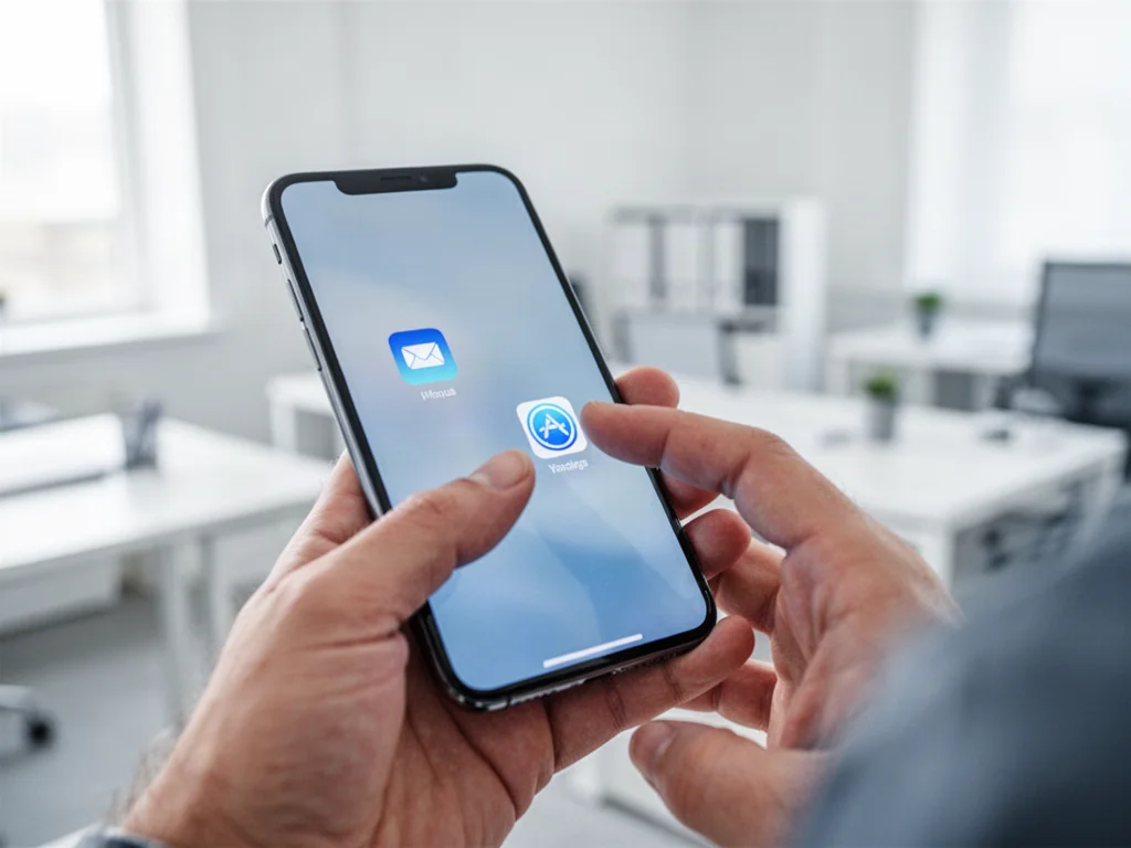 Dłoń trzymająca iPhone'a z palcem gotowym do wybrania ikony aplikacji na ekranie głównym.