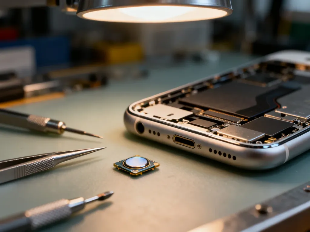 Zdemontowany iPhone 7 z widocznym przyciskiem Home oraz precyzyjnymi narzędziami serwisowymi na stole warsztatowym.