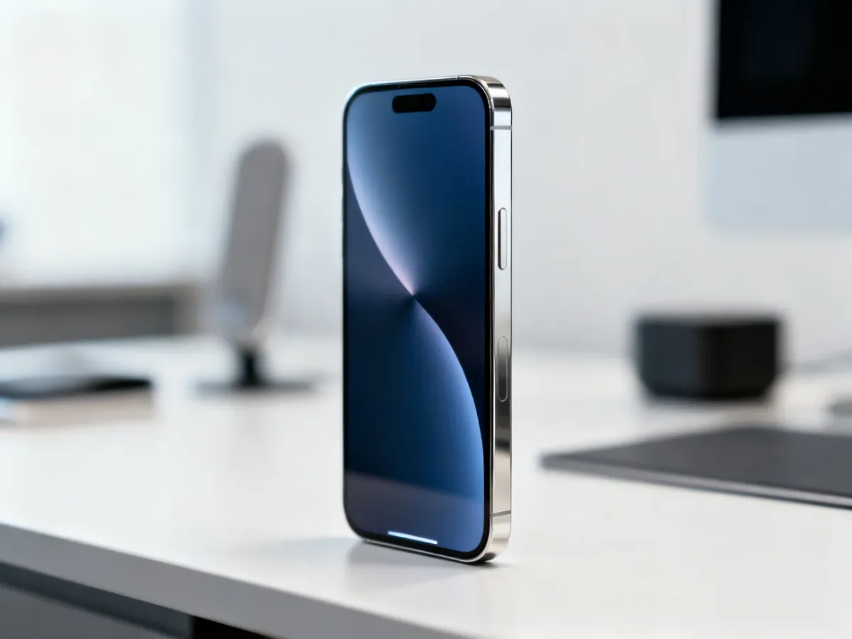 iPhone 12 Pro Max stojący na biurku w ujęciu produktowym