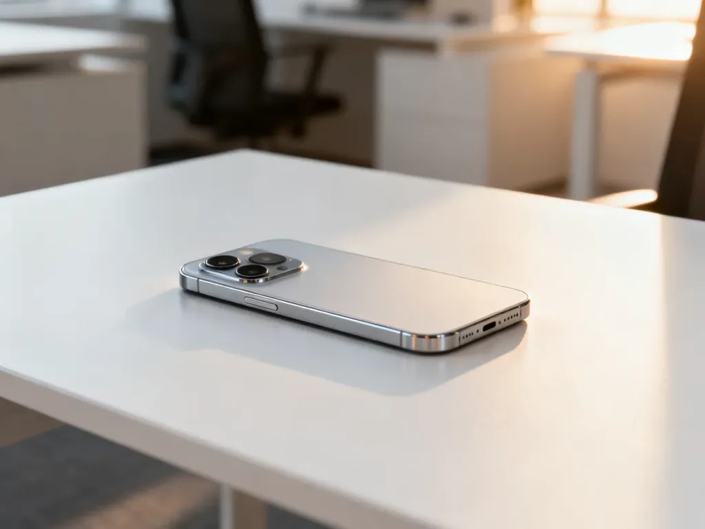 iPhone 13 Pro Max leżący na minimalistycznym biurku w świetle poranka, prezentujący elegancki design urządzenia.