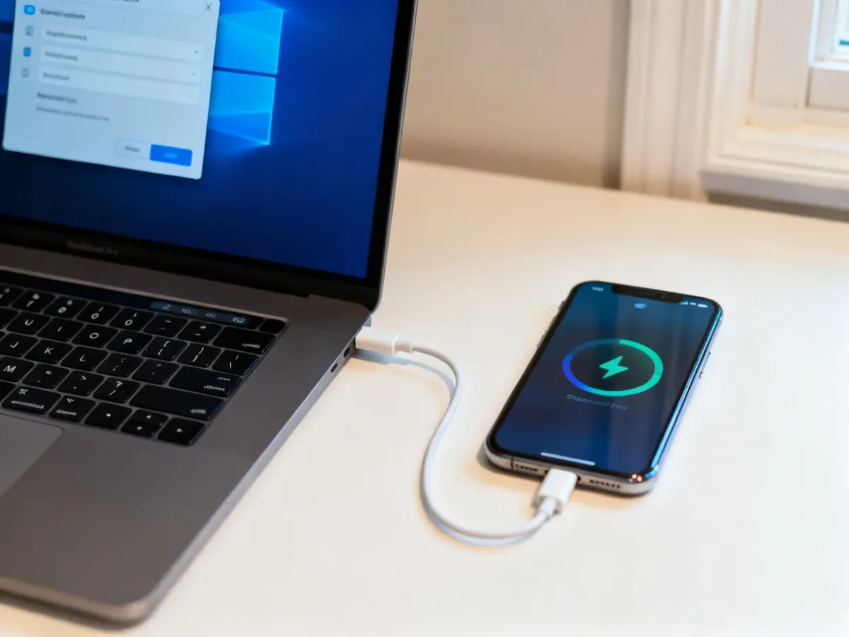 iPhone connected to a computer for a software update