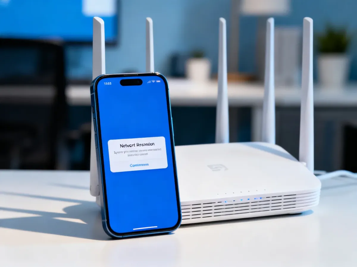 iPhone obok routera podczas resetowania ustawień sieciowych