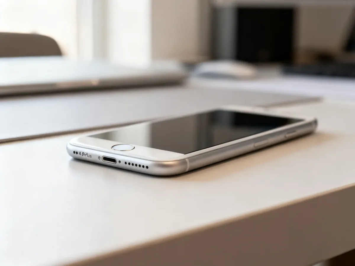 iPhone 8 Plus leżący na biurku z widocznym przyciskiem Home i Touch ID