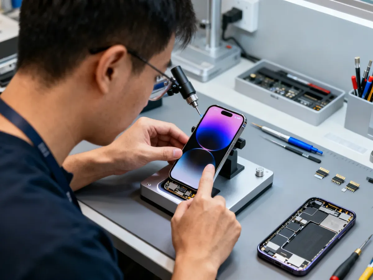 Testowanie nowego wyświetlacza iPhone’a 14 po naprawie