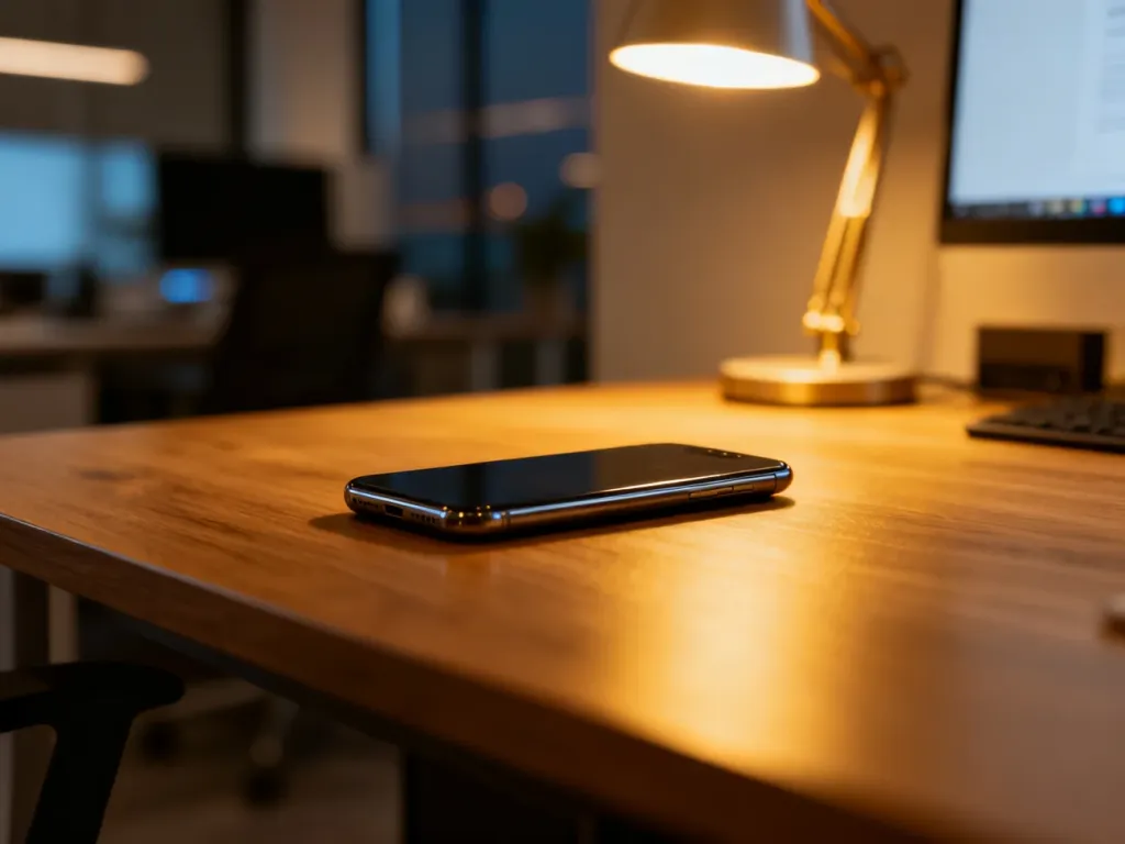Nowoczesny smartfon leżący na drewnianym biurku w przytulnym domowym biurze wieczorową porą.