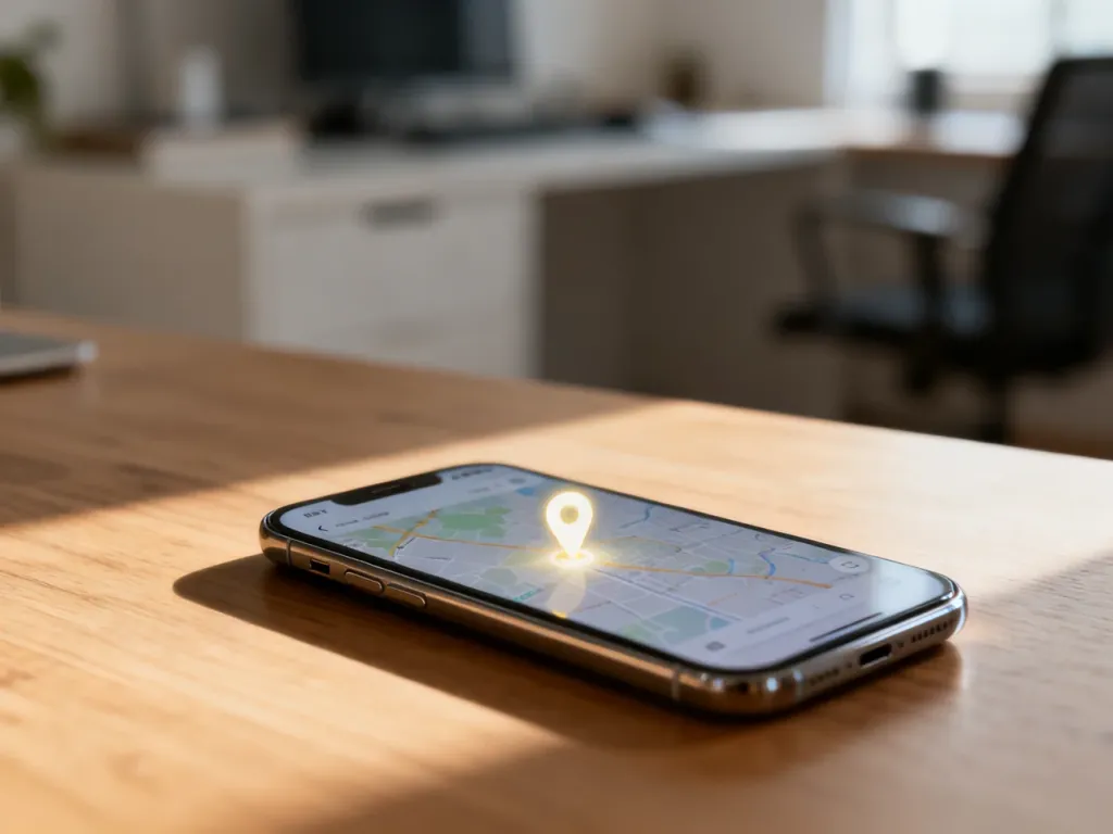 Smartfon leżący na biurku z wyświetloną mapą i pinezką lokalizacyjną, symbolizujący działanie funkcji Znajdź mój iPhone.