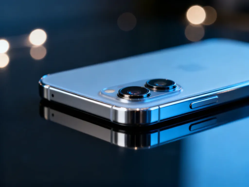 Nowoczesny smartfon z podwójnym aparatem na ciemnym, minimalistycznym tle, podkreślający elegancki design iPhone'a 14.