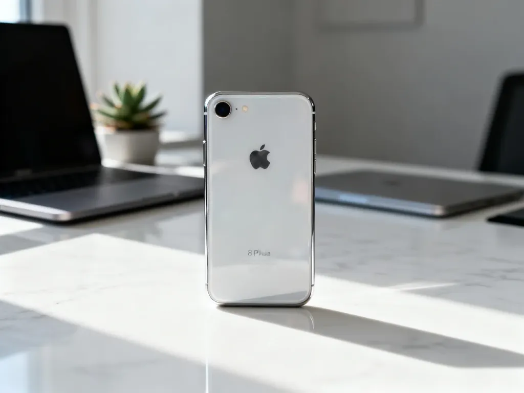 Apple iPhone 8 Plus leżący na marmurowym blacie w minimalistycznym otoczeniu. Elegancka prezentacja smartfona w świetle dziennym.