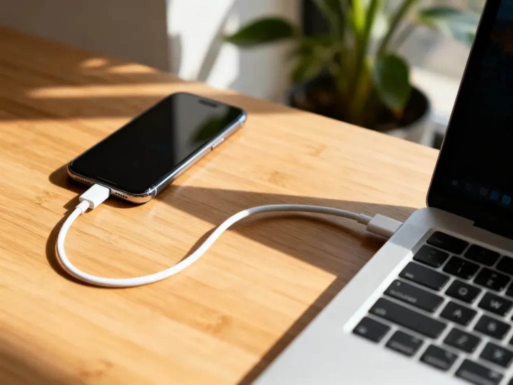Smartfon podłączony kablem USB do laptopa na biurku, przygotowany do aktualizacji oprogramowania.