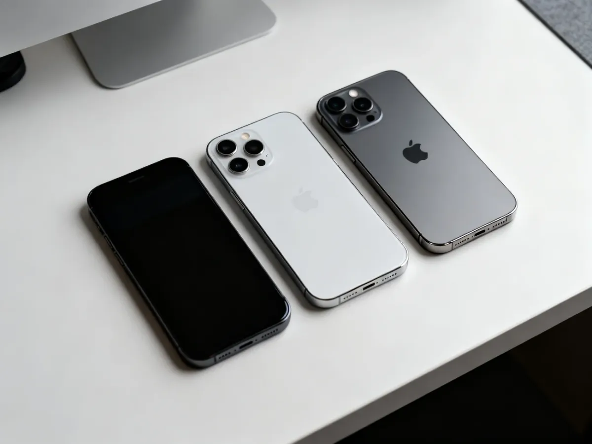 Porównanie trzech modeli smartfonów iPhone na minimalistycznym biurku
