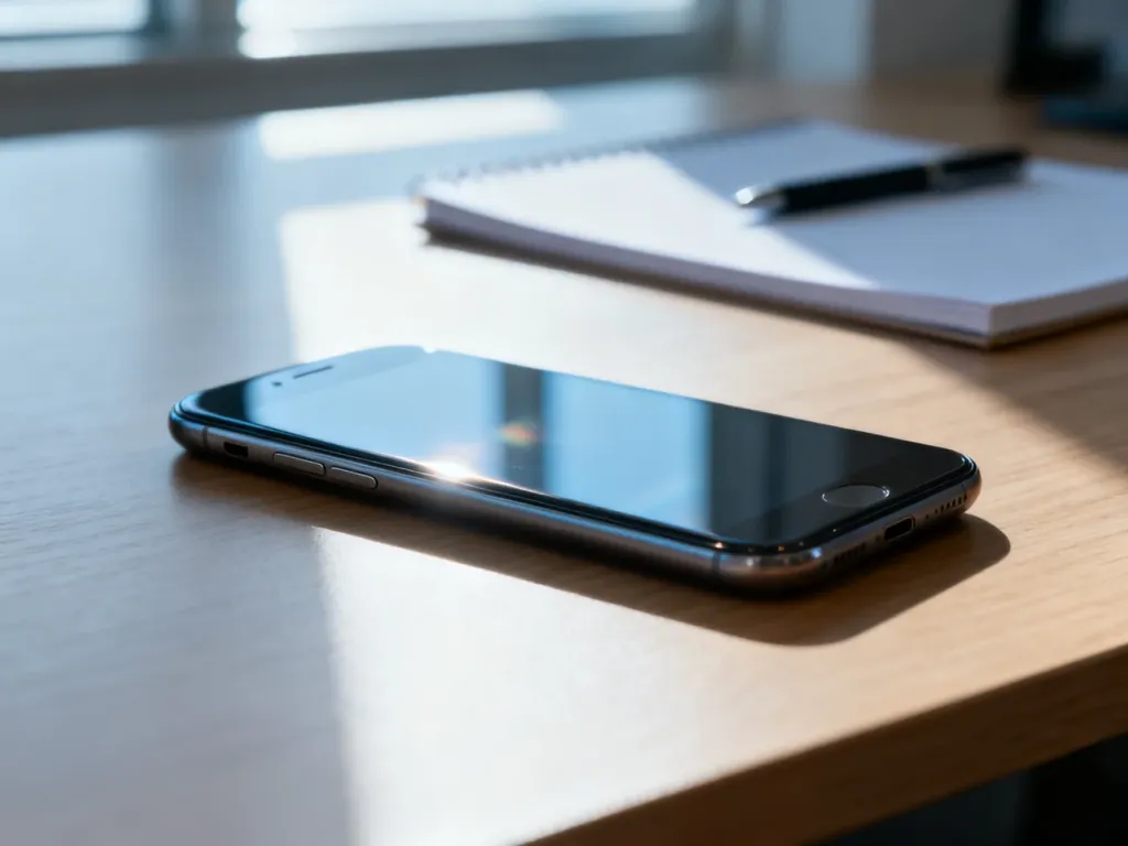 iPhone 12 leżący na drewnianym biurku w minimalistycznym biurze, oświetlony porannym światłem.