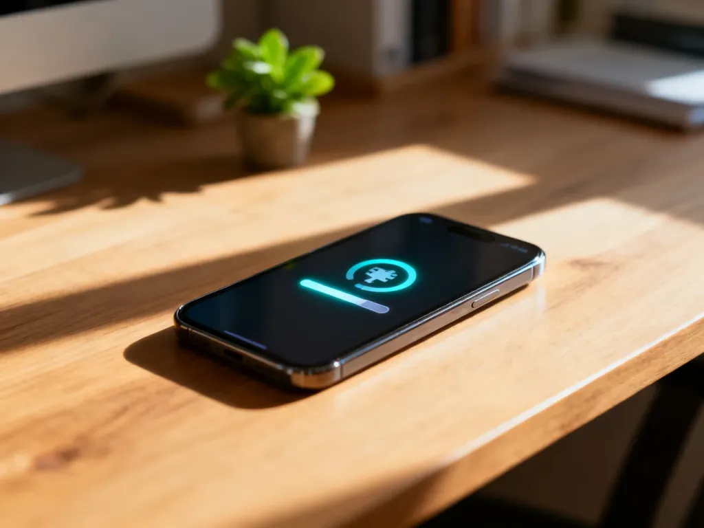 Smartfon leżący na drewnianym biurku z ikoną aktualizacji systemu na ekranie, symbolizujący proces instalacji oprogramowania.