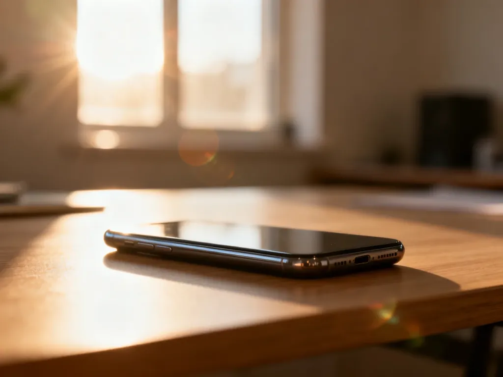 Nowoczesny smartfon leżący na drewnianym biurku w słonecznym, biurowym wnętrzu.