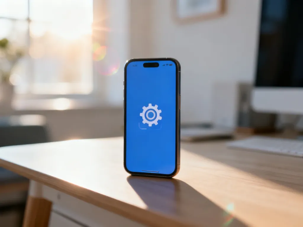 Nowoczesny smartfon leżący na drewnianym biurku, symbolizujący proces konfiguracji ustawień sieciowych w iPhone.