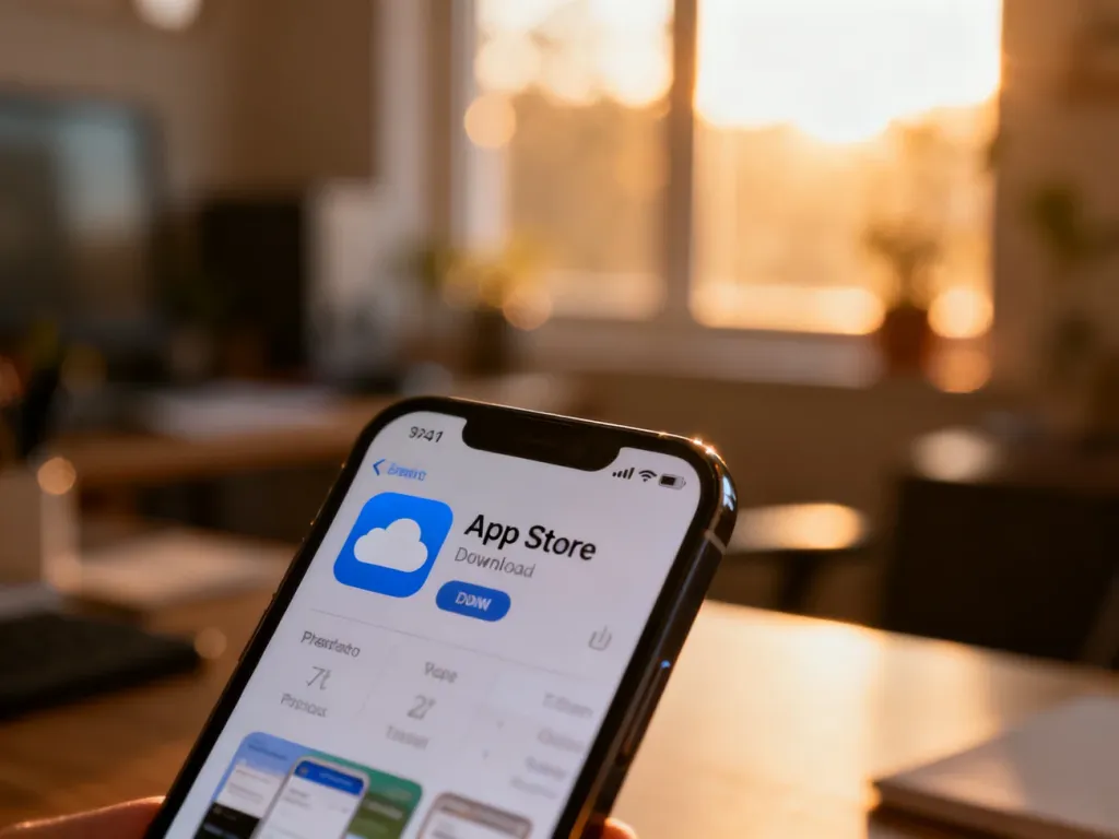 Ekran iPhone'a z otwartym sklepem App Store i ikoną chmury do pobierania aplikacji w tle domowego biura.