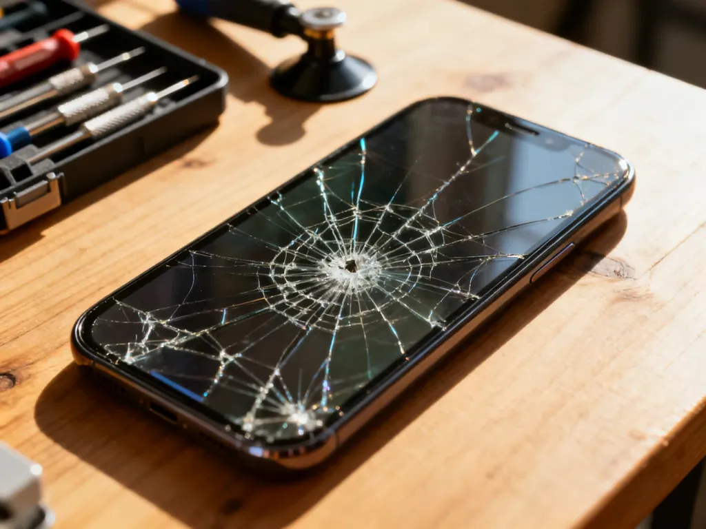 Zbita szybka iPhone'a na drewnianym blacie w otoczeniu profesjonalnych narzędzi serwisowych do naprawy telefonu.