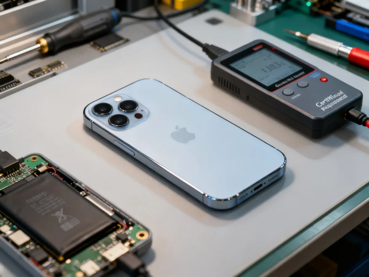 Technik sprawdzający odnowionego iPhone’a 13 Pro na stanowisku diagnostycznym