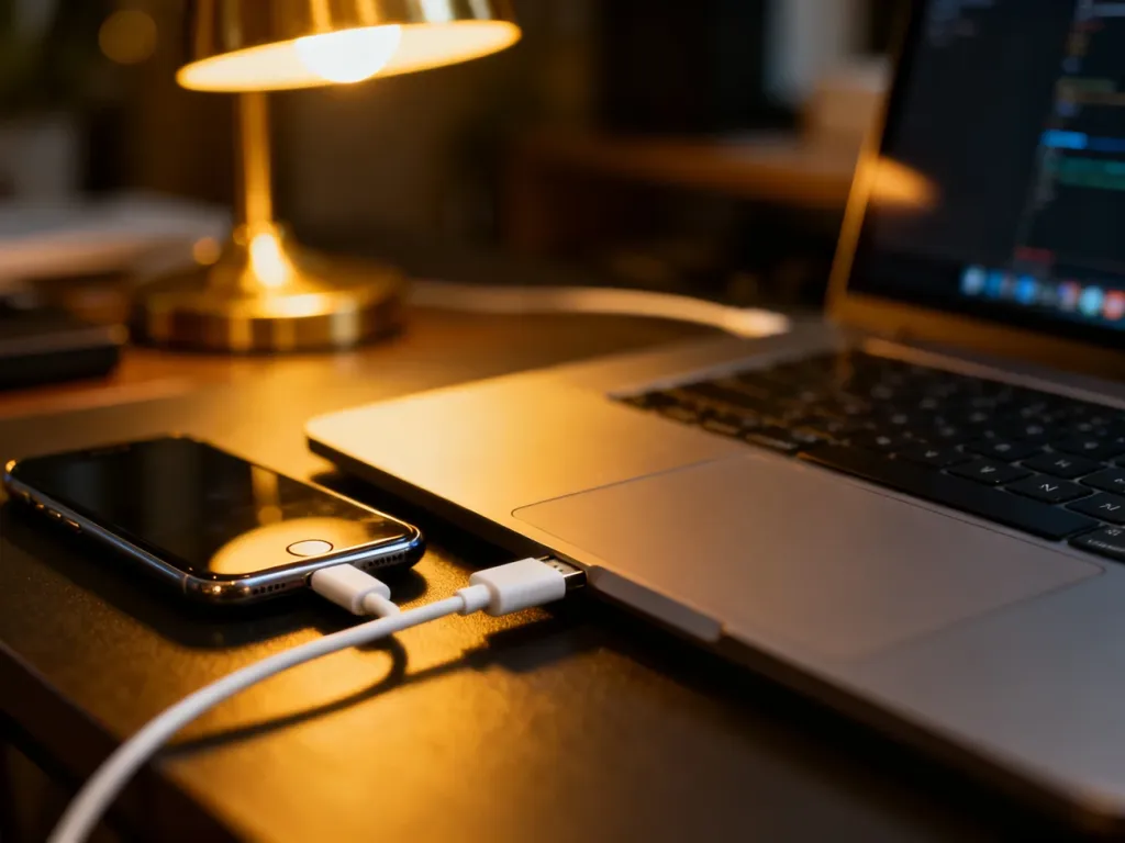 Smartfon podłączony kablem USB do laptopa w domowym biurze, gotowy do wykonania kopii zapasowej danych.
