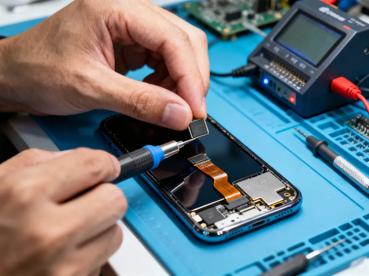Technik serwisowy programujący układ ekranu iPhone’a podczas wymiany wyświetlacza