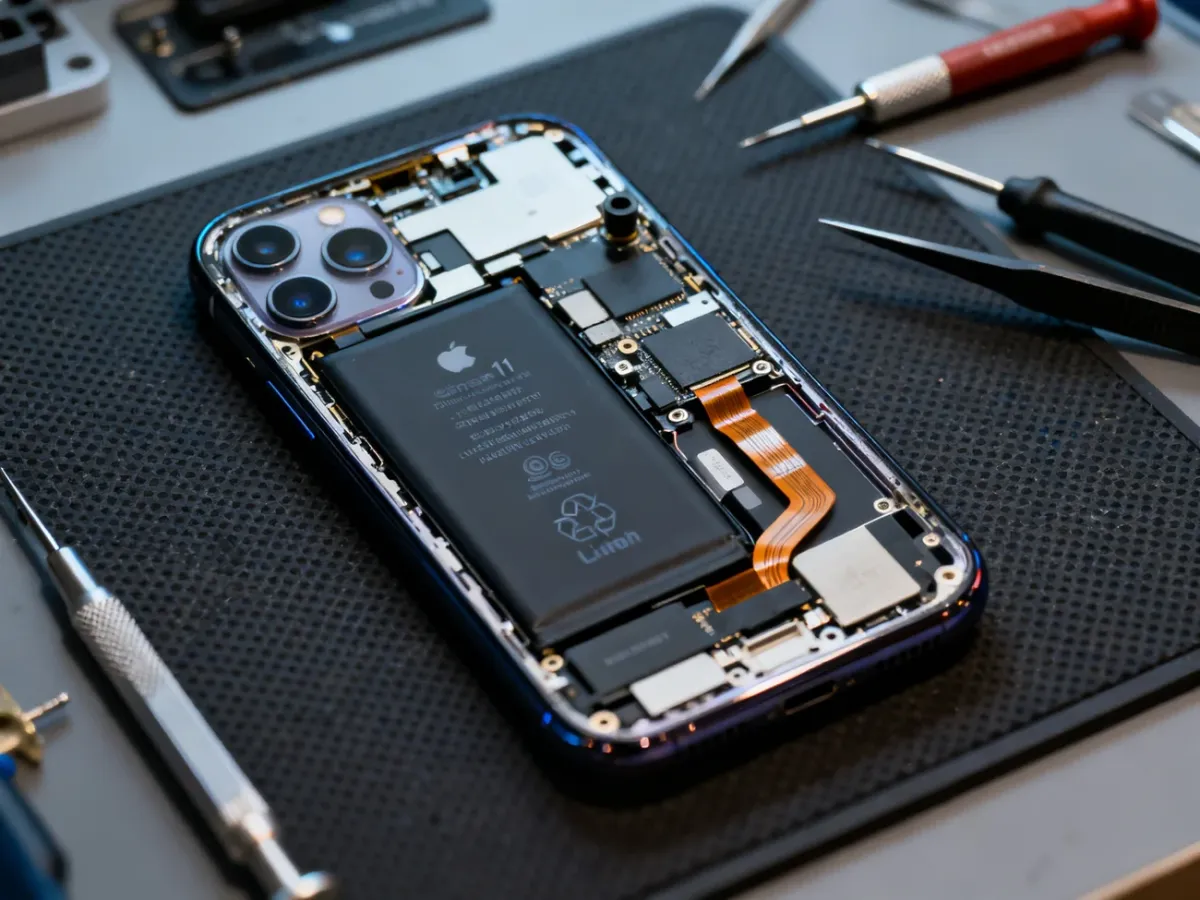 Rozebrany iPhone 11 z delikatnymi taśmami i elementami wymagającymi ostrożnej naprawy