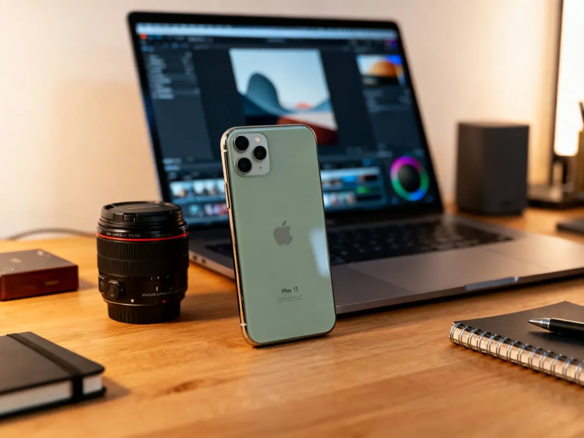 iPhone 11 beside photography equipment in a photo editing workspace