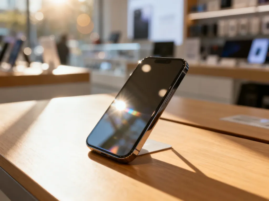 Nowoczesny iPhone 12 Pro leżący na drewnianym biurku w jasnym, minimalistycznym wnętrzu.