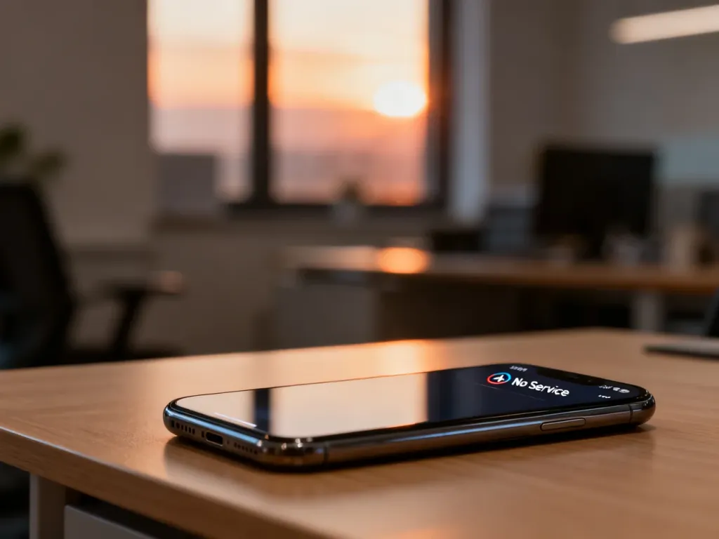 Ekran smartfona z ikoną braku zasięgu na drewnianym biurku, ilustrujący problem z połączeniem sieciowym w iPhone.