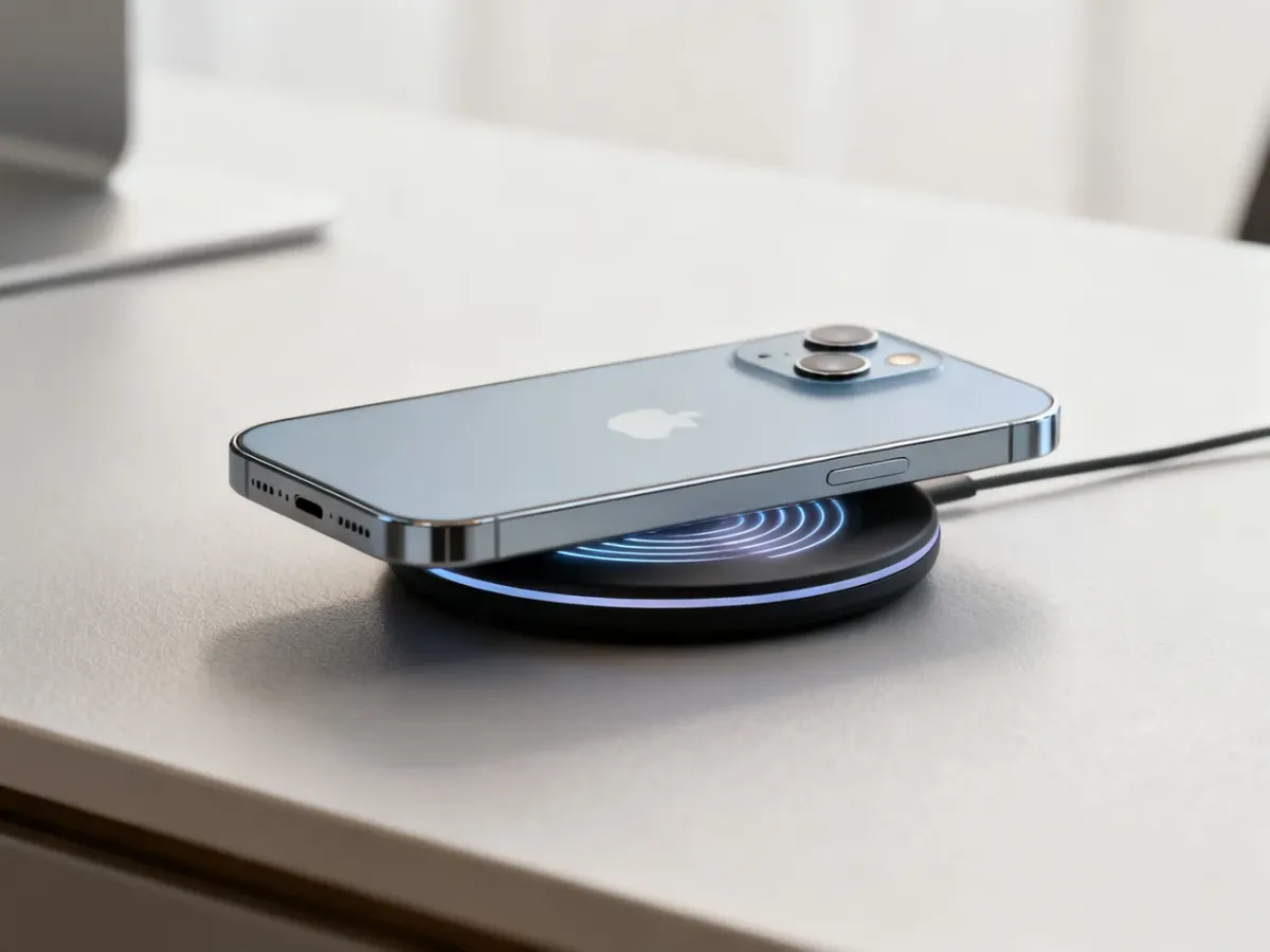 iPhone 14 ułożony na ładowarce bezprzewodowej
