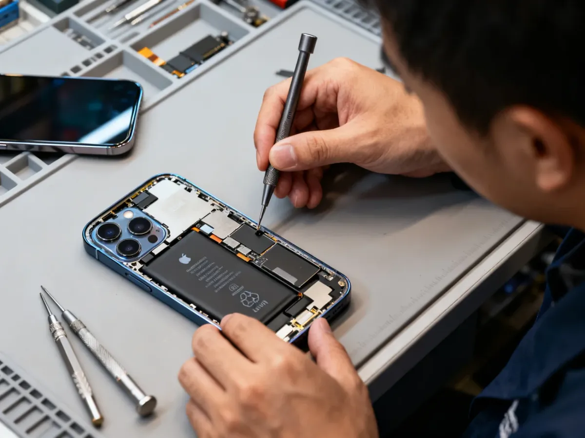 Technician replacing the battery in an iPhone 12 Pro