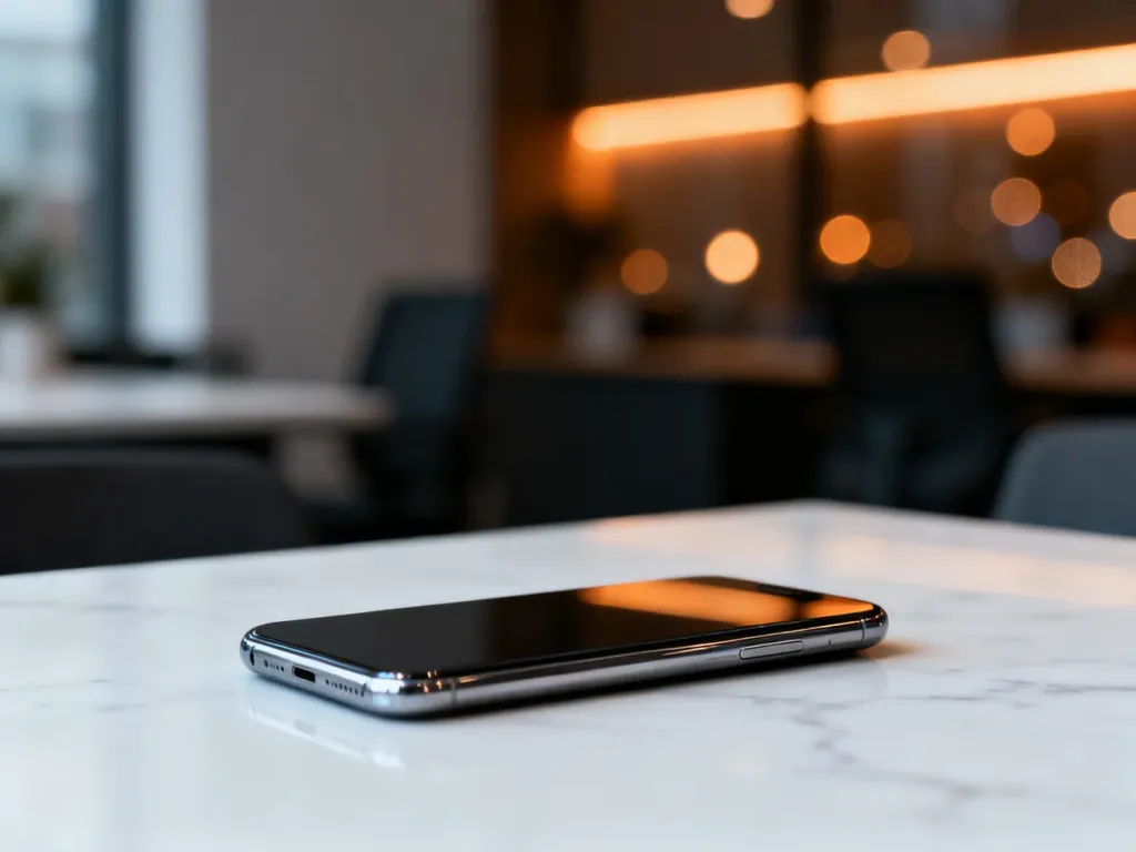 Elegancki iPhone 13 Pro leżący na marmurowym biurku w nowoczesnym wnętrzu.