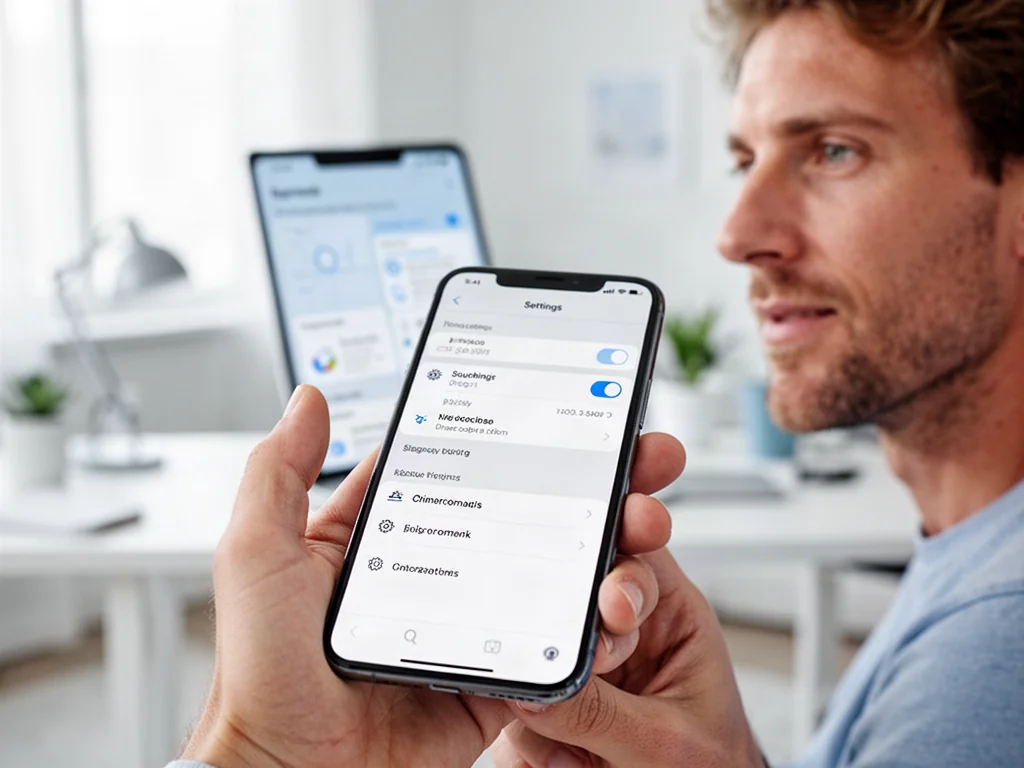 Dłoń trzymająca smartfon z otwartym menu ustawień w jasnym, minimalistycznym biurze.