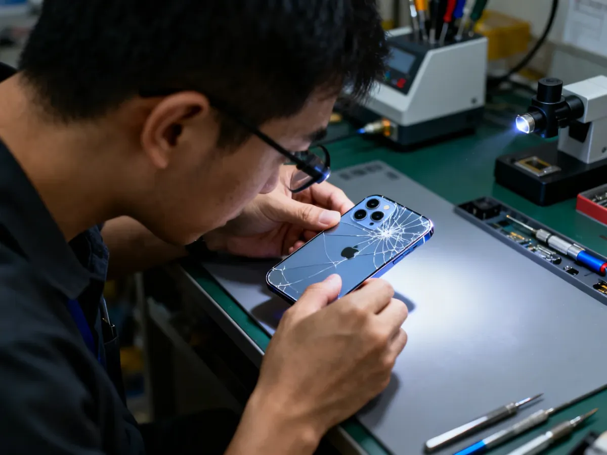 Serwisant oglądający pęknięty tylny panel iPhone’a 12