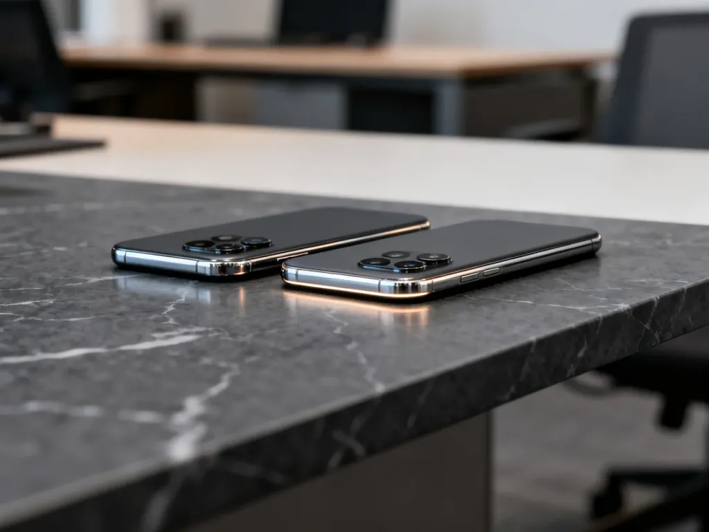 iPhone 13 Pro i iPhone 14 ustawione obok siebie na eleganckim, ciemnym blacie, prezentujące różnice w budowie aparatów.