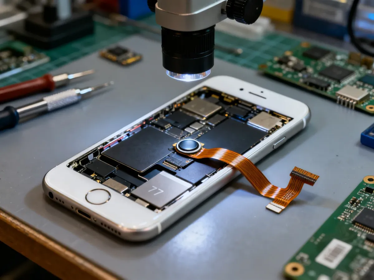 Oryginalny przycisk Home iPhone’a 7 podczas diagnostyki w serwisie
