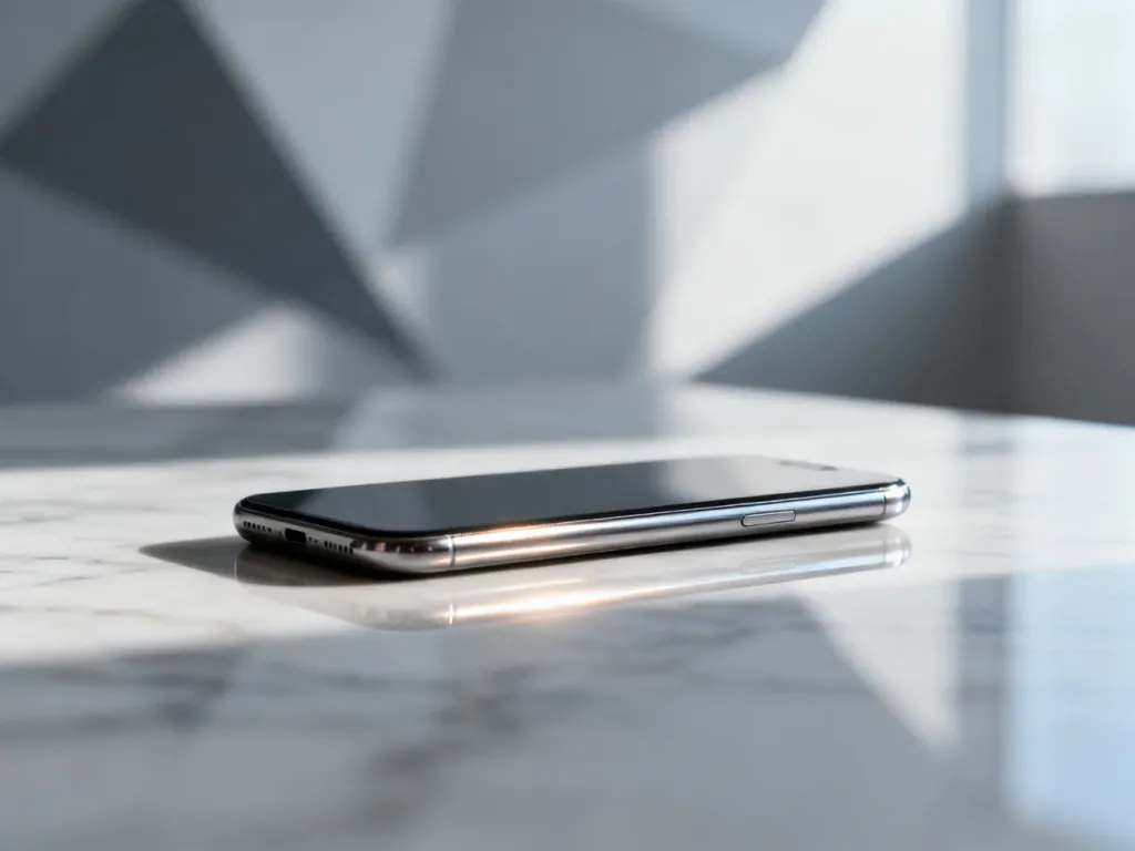 Elegancki smartfon iPhone 13 na minimalistycznym marmurowym blacie w profesjonalnym oświetleniu studyjnym.