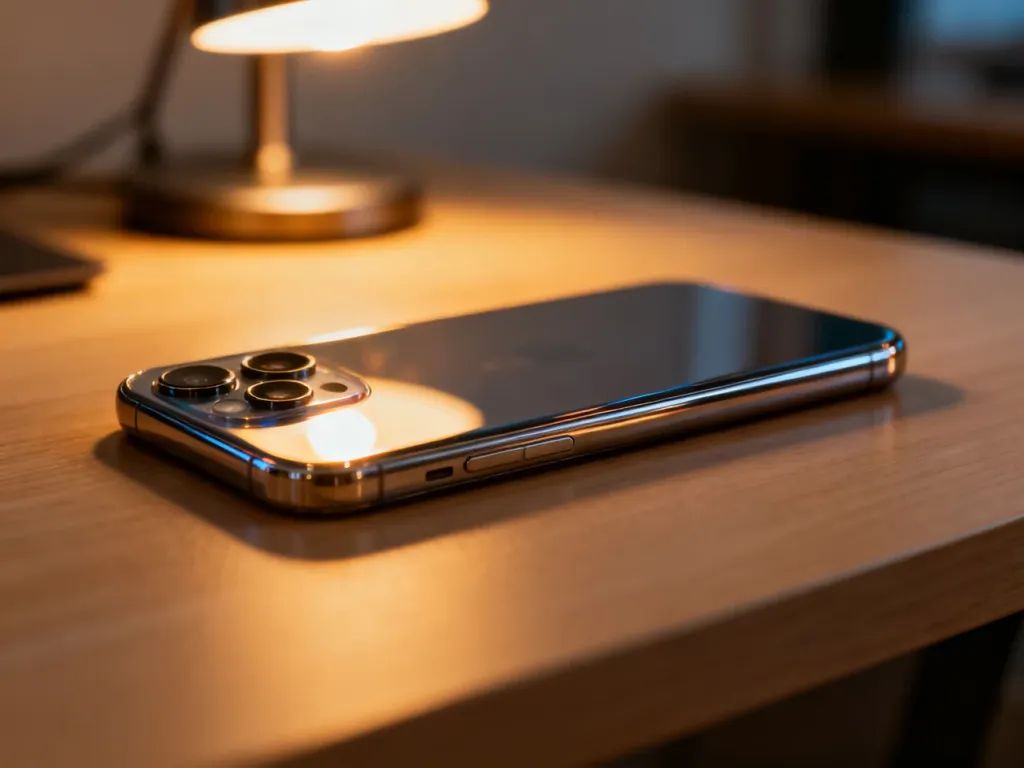 iPhone 13 Pro leżący na drewnianym biurku w wieczornym świetle, eksponujący design obudowy i moduł aparatu.