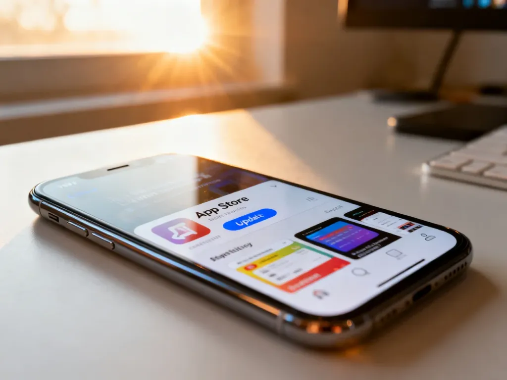 Ekran iPhone'a z otwartym sklepem App Store i podświetlonym przyciskiem aktualizacji aplikacji.