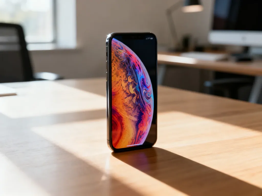 Nowoczesny smartfon z kolorową tapetą systemu iOS 17 na minimalistycznym biurku w słonecznym biurze.