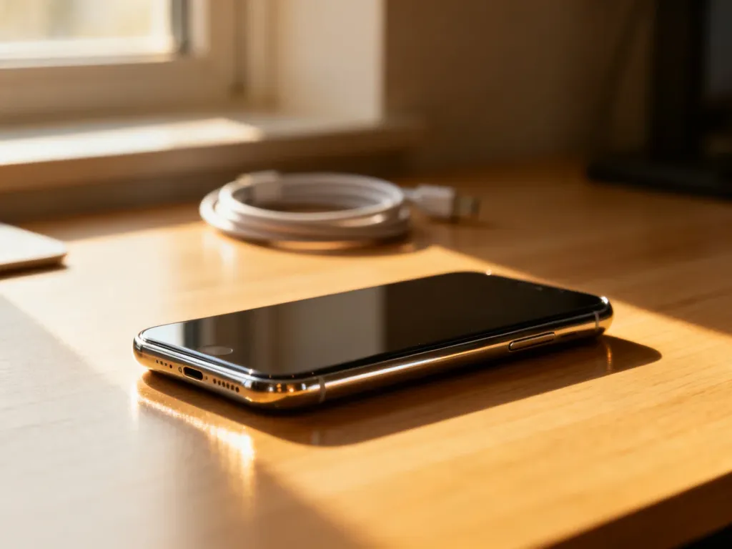 Kompaktowy iPhone 12 mini leżący na drewnianym biurku w świetle poranka, podkreślający jego elegancki design.