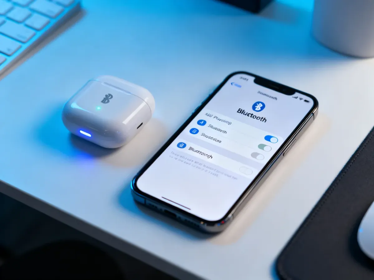 iPhone z otwartymi ustawieniami Bluetooth obok akcesorium w trybie parowania