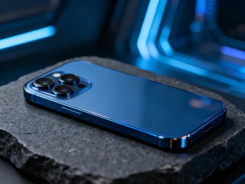 Elegancki smartfon w kolorze głębokiego błękitu z potrójnym aparatem, spoczywający na minimalistycznym, szarym podłożu.