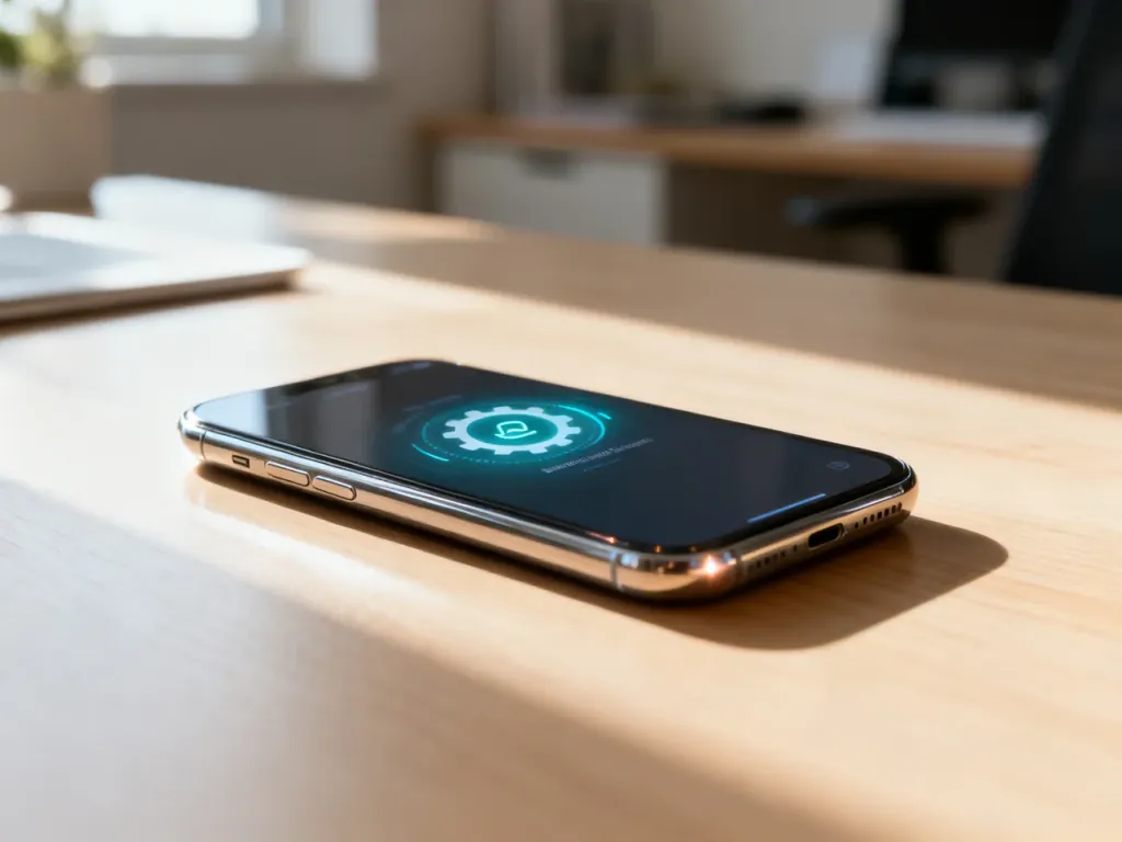 Nowoczesny smartfon na biurku z widocznym powiadomieniem o aktualizacji systemu na ekranie.