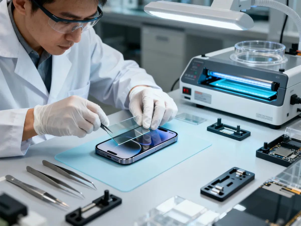 Technik laminujący nową szybkę na wyświetlaczu iPhone’a 13