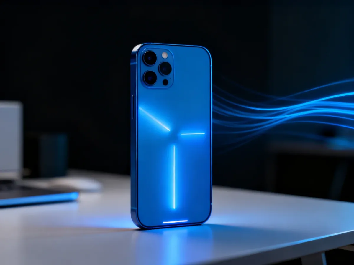 Niebieski iPhone 12 na biurku w nowoczesnym otoczeniu