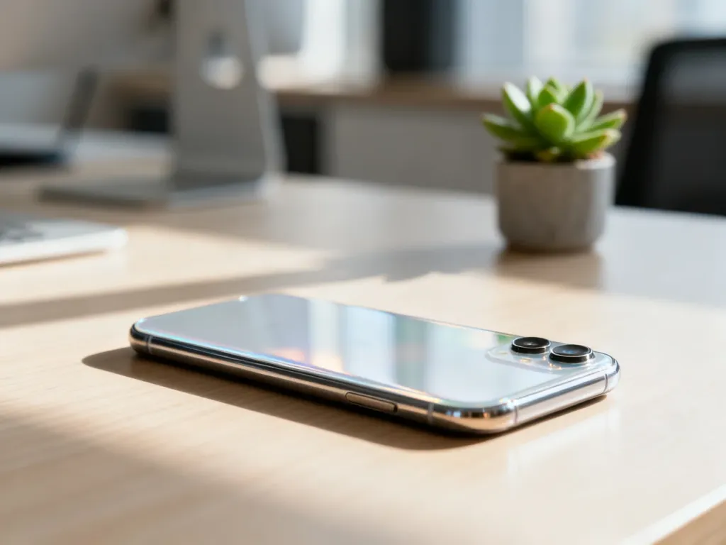 iPhone 12 leżący na minimalistycznym biurku w jasnym, nowoczesnym biurze domowym.