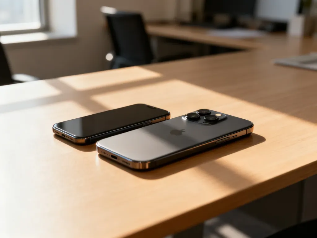 Porównanie iPhone'a 8 i 8 Plus leżących na drewnianym biurku, ukazujące różnicę w wielkości oraz układzie aparatów.