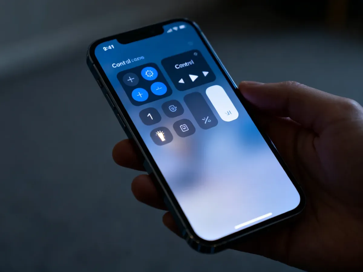 iPhone z otwartym Centrum Sterowania i ikoną latarki